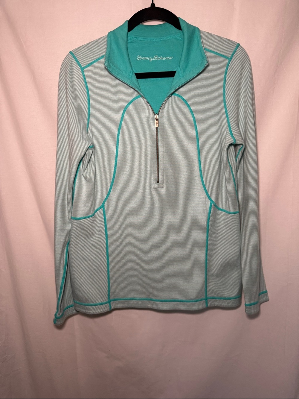 Tommy Bahama Light Blue Quarter‑Zip Pullover with Teal Piping Size L- minor flaw